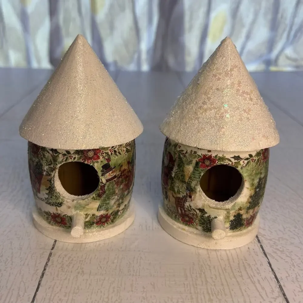 Hand-Decorated Christmas Birdhouse Set of 2 Santa Décor
